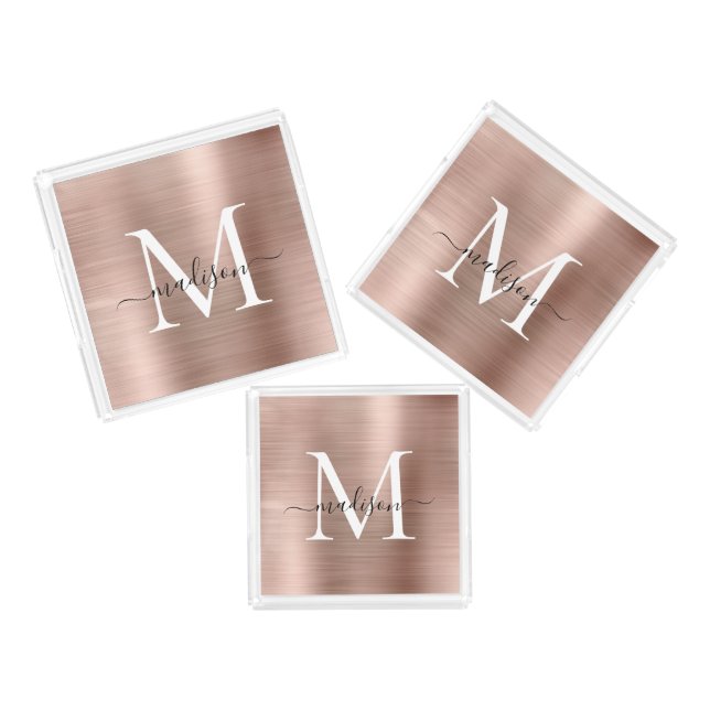 Elegant Rose Gold Brushed Metal Monogram Script Acrylic Tray (Set)