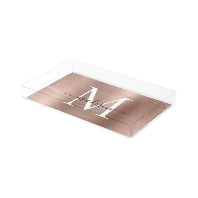 Elegant Rose Gold Brushed Metal Monogram Script Acrylic Tray (Angled)
