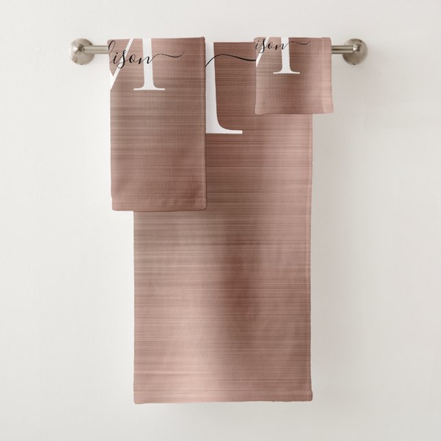 Elegant Rose Gold Brushed Metal Monogram Script Bath Towel Set (Insitu)