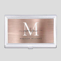 Elegant Rose Gold Brushed Metal Monogram Script Business Card Case