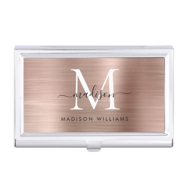 Elegant Rose Gold Brushed Metal Monogram Script Business Card Case (Front)
