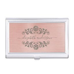 Elegant Rose Gold Brushed Metal Monogram Script Business Card Case