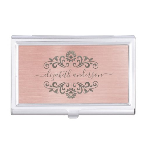 Elegant Rose Gold Brushed Metal Monogram Script Business Card Case