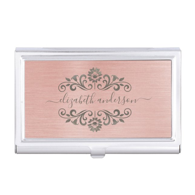 Elegant Rose Gold Brushed Metal Monogram Script Business Card Case (Front)