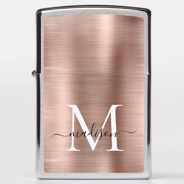 Elegant Rose Gold Brushed Metal Monogram Script Zippo Lighter (Front)