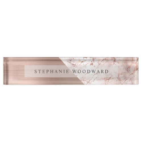 Elegant Rose Gold Brushed Metal Pink Marble Desk Name Plate