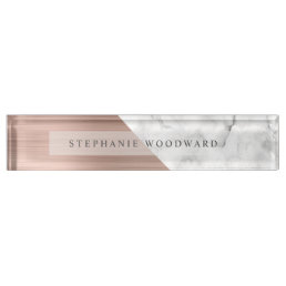 Elegant Rose Gold Brushed Metal White Marble Desk Name Plate