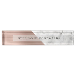 Elegant Rose Gold Brushed Metal White Marble Desk Name Plate