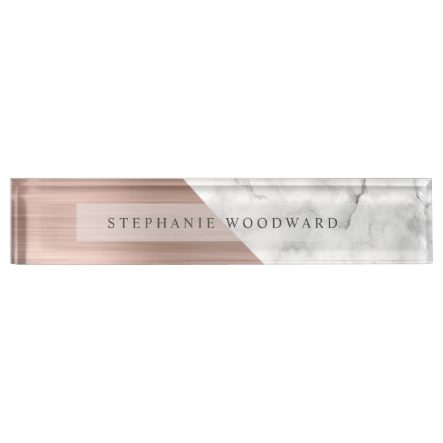 Elegant Rose Gold Brushed Metal White Marble Desk Name Plate (Front)