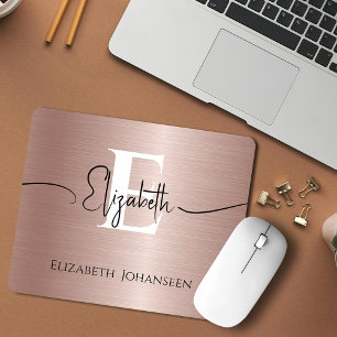 Elegant Rose Gold Brushed Metal White Monogrammed Mouse Pad