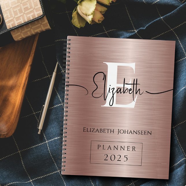Elegant Rose Gold Brushed Metal White Monogrammed Planner (Creator Uploaded)