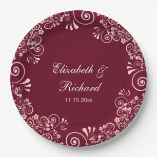 Elegant Rose Gold Burgundy Floral Swirls Wedding Paper Plates