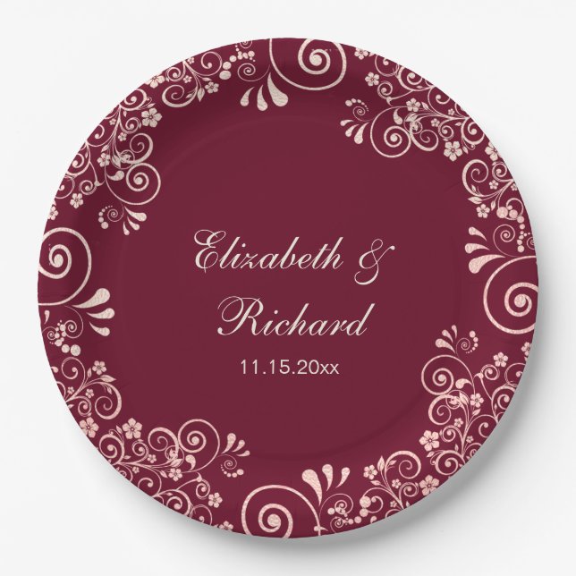 Elegant Rose Gold  Burgundy Floral Swirls Wedding Paper Plates (Front)