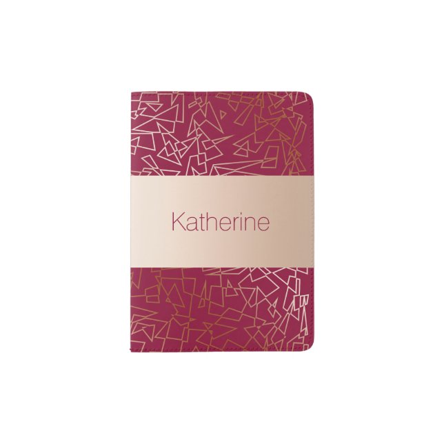 Elegant rose gold & burgundy geometric pattern passport holder (Front)