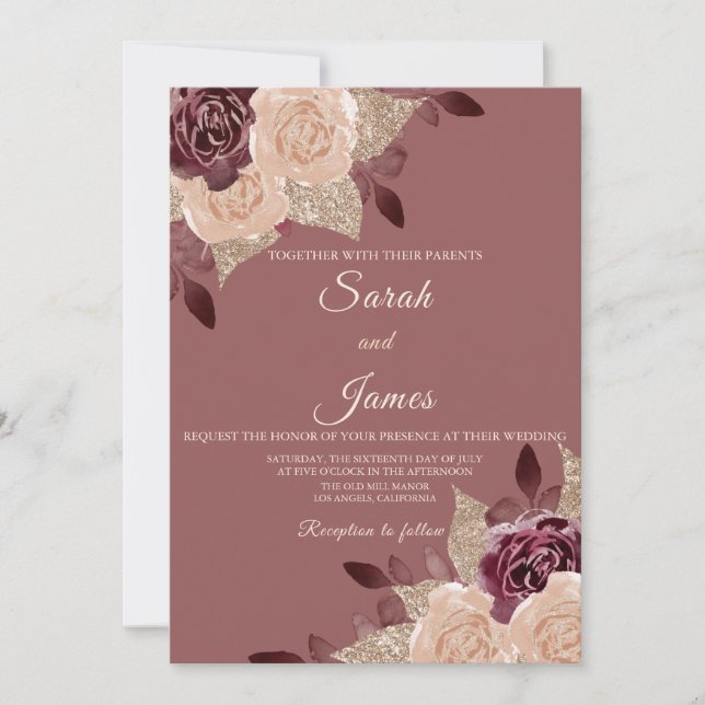 Elegant Rose Gold Burgundy Glitter Floral Wedding Invitation (Front)