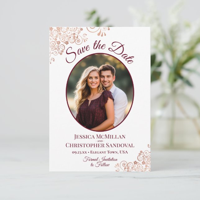 Elegant Rose Gold & Burgundy Oval Photo Wedding Save The Date (Standing Front)