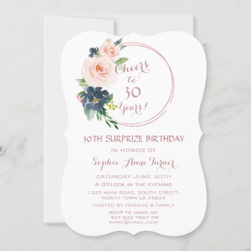 Elegant Rose Gold Bush Blue Flowers 30th Birthday Invitation