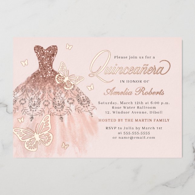 Elegant Rose Gold Butterfly Dress Quinceanera  Foil Invitation (Front)