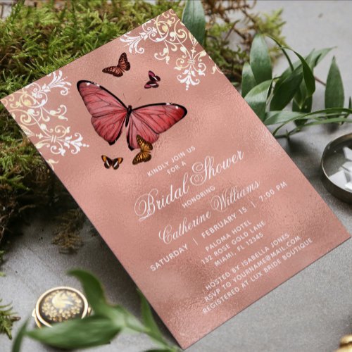 Elegant Rose Gold Butterfly Floral Bridal Shower Invitation