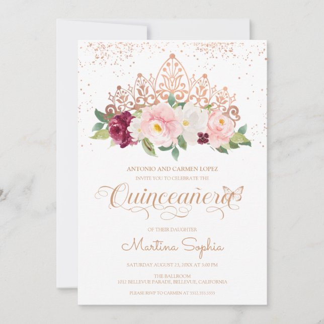 Elegant Rose Gold Butterfly & Tiara Quinceanera Invitation (Front)