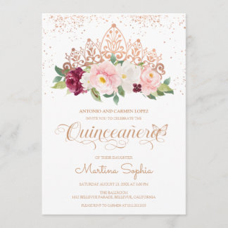 Elegant Rose Gold Butterfly & Tiara Quinceanera Invitation