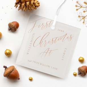 Elegant Rose Gold Calligraph Christmas New Home Glass Ornament
