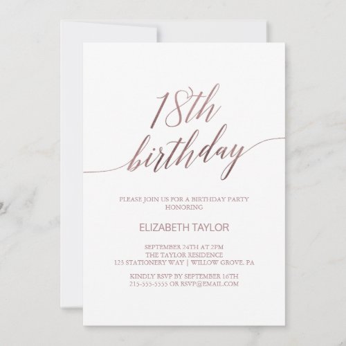 Elegant Rose Gold Calligraphy 18th Birthday Invitation