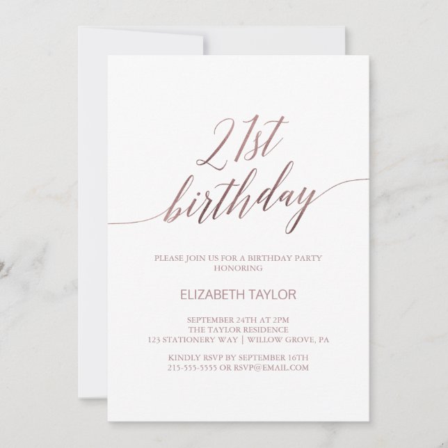 Elegant Rose Gold Calligraphy 21st Birthday Invitation (Front)