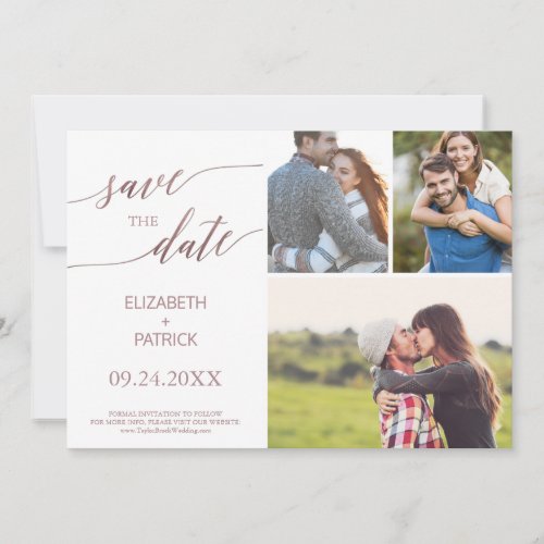 Elegant Rose Gold Calligraphy 3 Photo Collage Save The Date