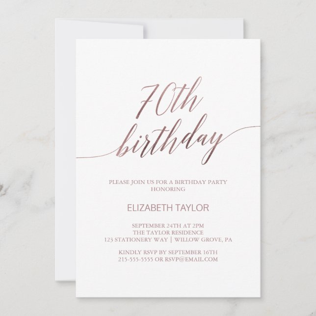 Elegant Rose Gold Calligraphy 70th Birthday Invitation (Front)