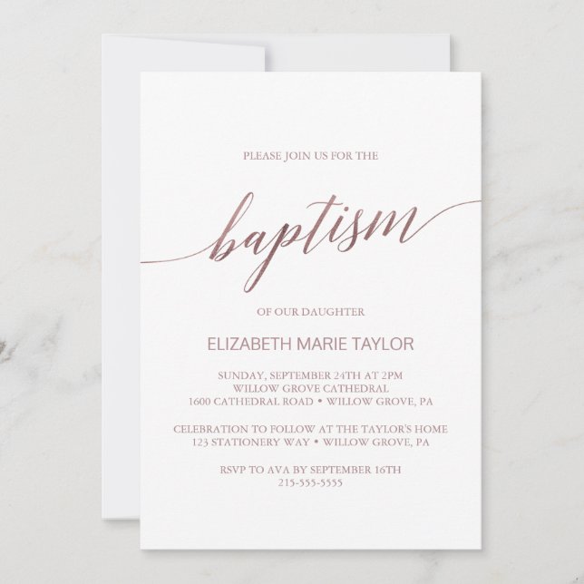 Elegant Rose Gold Calligraphy Baptism Invitation (Front)