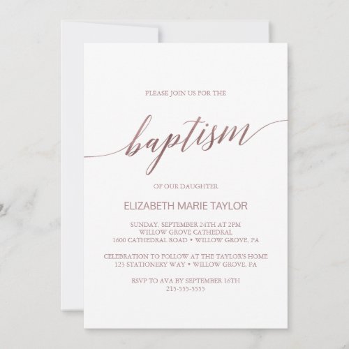 Elegant Rose Gold Calligraphy Baptism Invitation