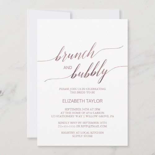 Elegant Rose Gold Calligraphy Brunch  Bubbly Invitation