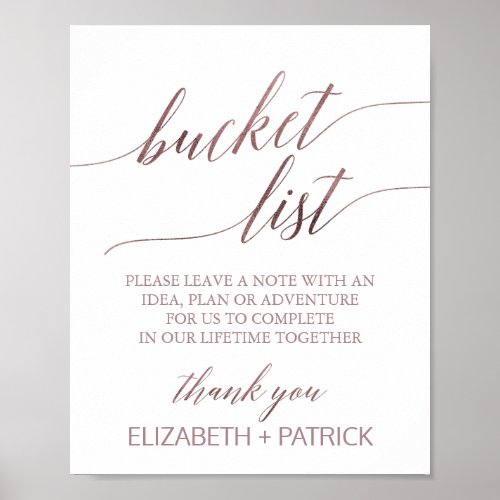 Elegant Rose Gold Calligraphy Bucket List Sign