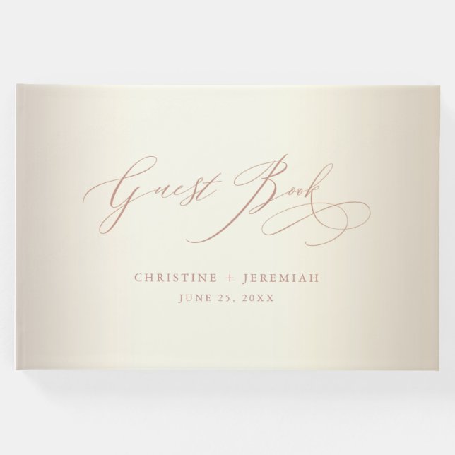Elegant Rose Gold Calligraphy Champagne Wedding Guest Book (Front)