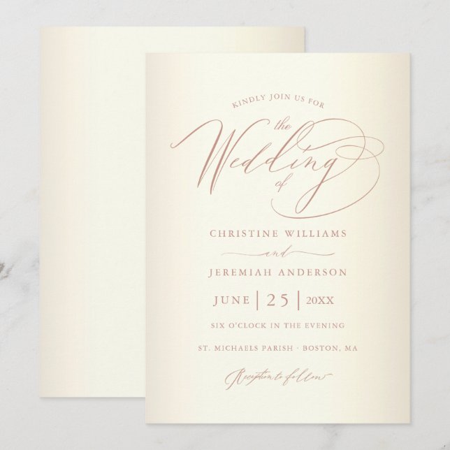 Elegant Rose Gold Calligraphy Champagne Wedding Invitation (Front/Back)
