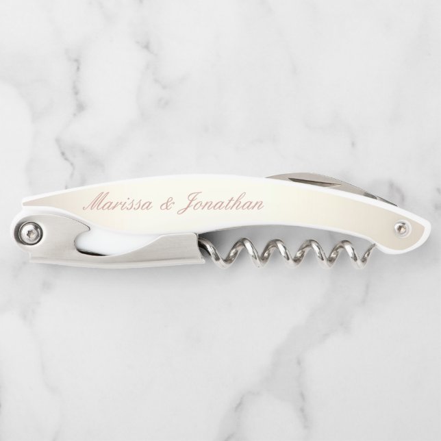 Elegant Rose Gold Calligraphy Champagne Wedding Waiter's Corkscrew (Front)