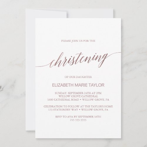 Elegant Rose Gold Calligraphy Christening Invitation