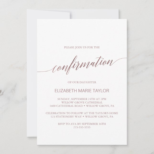 Elegant Rose Gold Calligraphy Confirmation Invitation (Front)