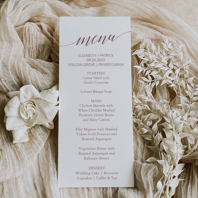 Elegant Rose Gold Calligraphy Dinner Menu Card (Creator Uploaded)