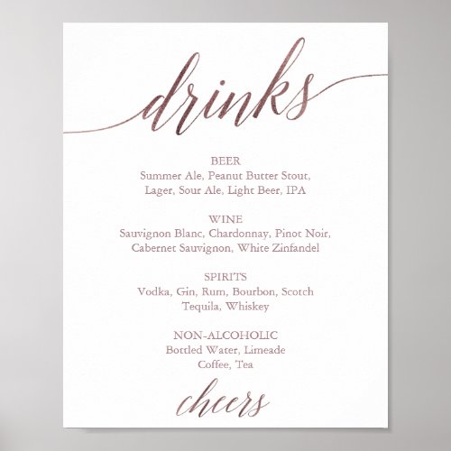 Elegant Rose Gold Calligraphy Drink Menu Sign