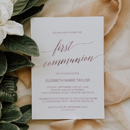 Elegant Rose Gold Calligraphy First Communion Invitation