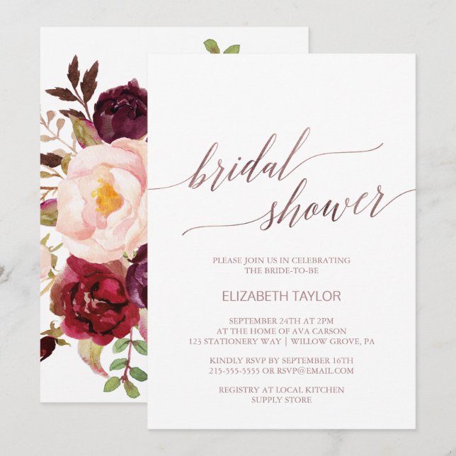 Elegant Rose Gold Calligraphy Floral Bridal Shower Invitation (Front/Back)