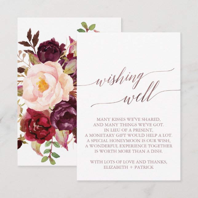 Elegant Rose Gold Calligraphy Floral Wishing Well Enclosure Card (Front/Back)
