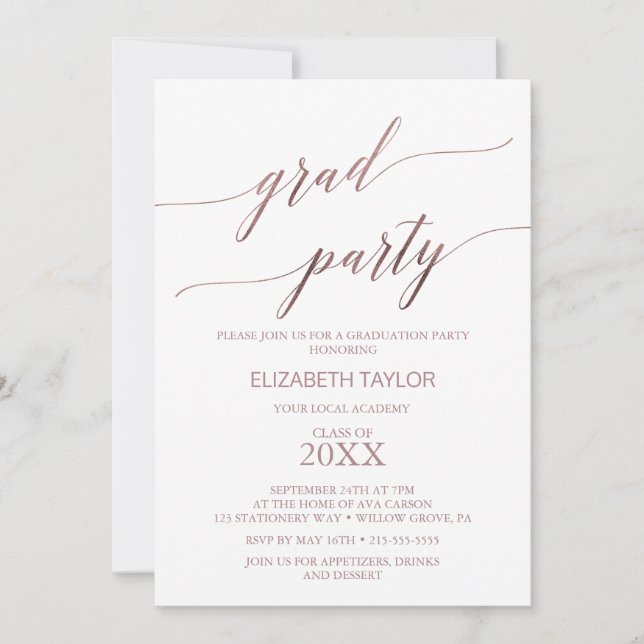 Elegant Rose Gold Calligraphy Graduation Party Invitation (Front)