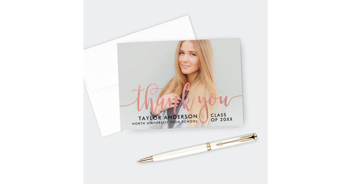 Elegant Rose Gold Calligraphy Graduation Photo Thank You Card | Zazzle