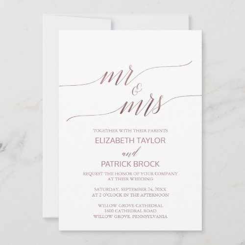 Elegant Rose Gold Calligraphy Mr  Mrs Wedding Invitation