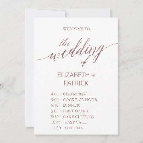 Elegant Rose Gold Calligraphy Order of Events Card