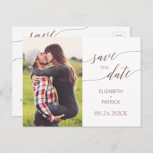 Elegant Rose Gold Calligraphy Photo Save the Date Announcement Postcard