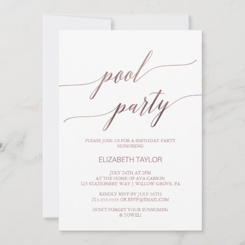 Elegant Rose Gold Calligraphy Pool Party Birthday Invitation